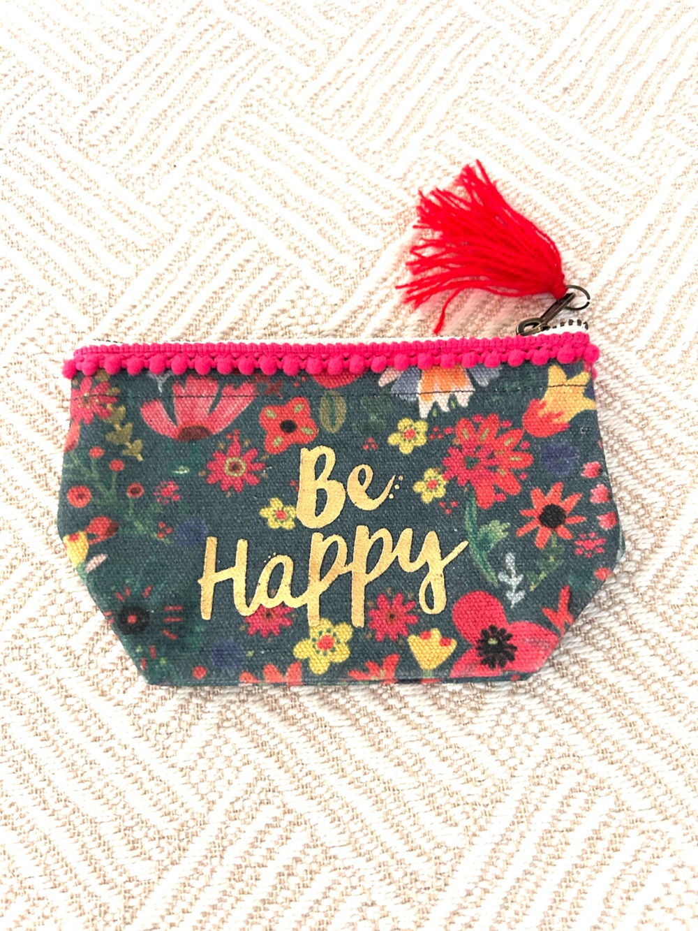 Natural Life “Be Happy” Change Coin purse. Fringe and Pom Pom details. Floral.